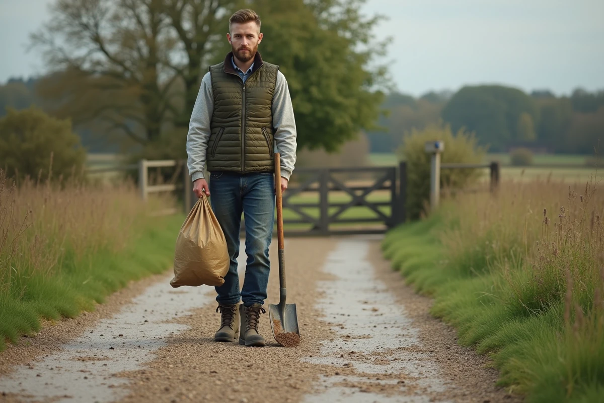 Jeune homme avec pelle et sac dans un environnement rural