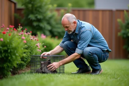 Homme en extérieur posant une trappe à chat dans le jardin