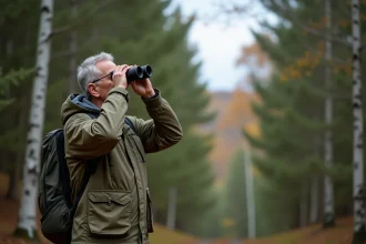 Homme en veste kaki observant des oiseaux avec des jumelles en forêt, illustrant les critères de choix avant l'achat