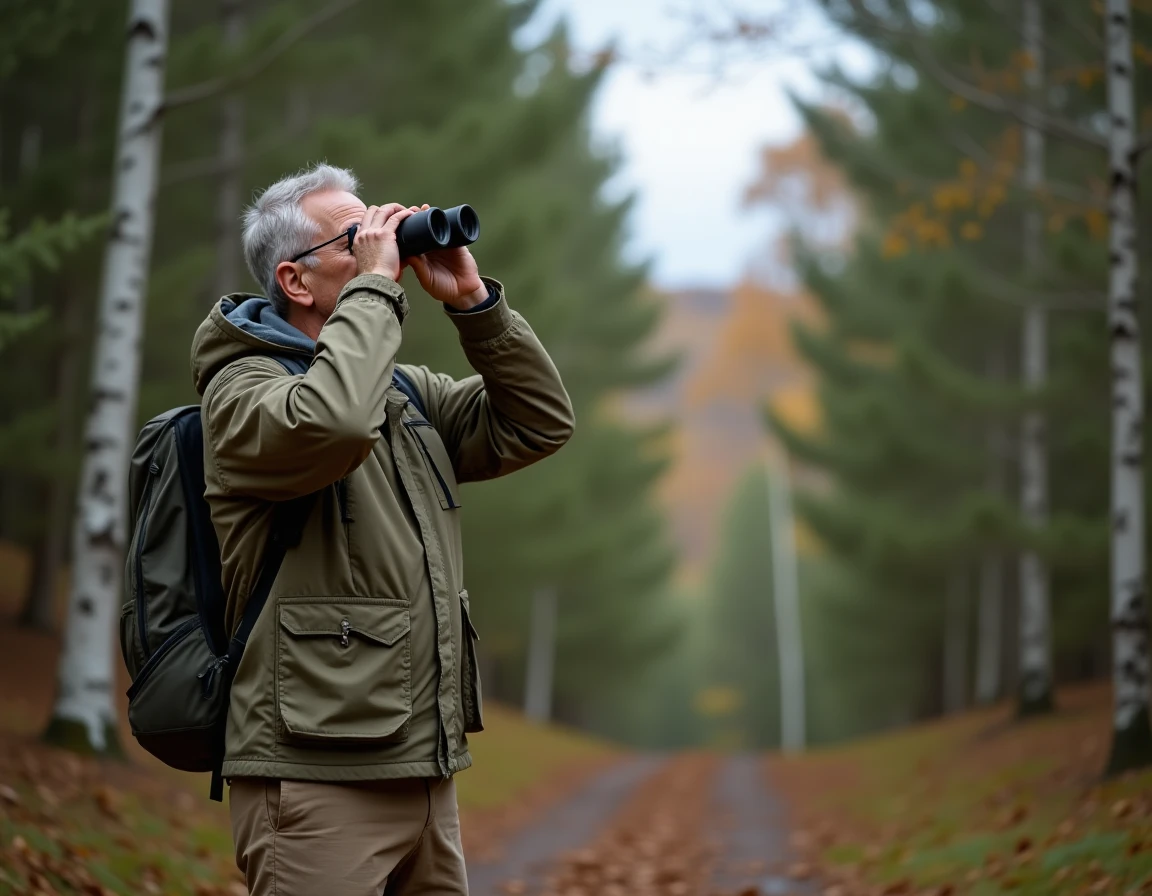 Homme en veste kaki observant des oiseaux avec des jumelles en forêt, illustrant les critères de choix avant l'achat
