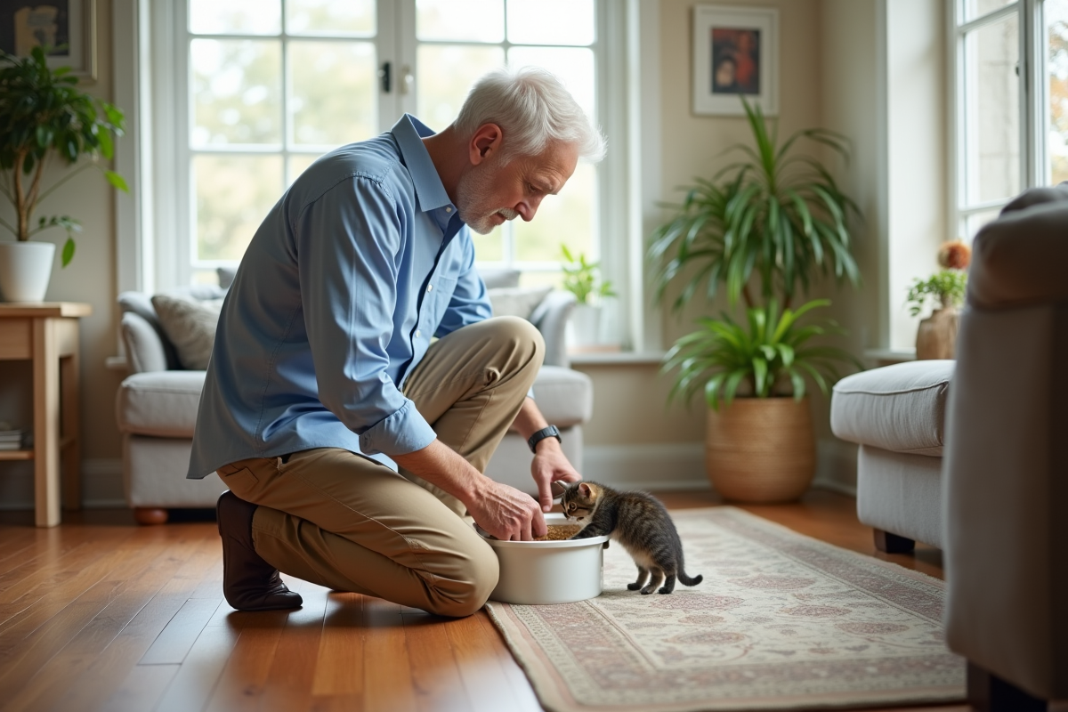 Homme âgé versant de la litière pour chat dans un salon lumineux