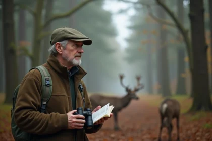 Homme observant des cerfs dans la forêt avec guide et jumelles