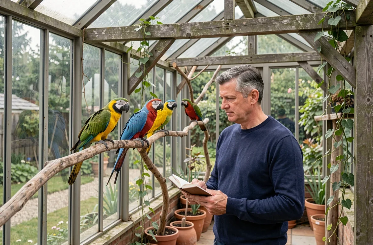 Homme observant attentivement plusieurs perroquets dans une volière de jardin en tenant un carnet de notes, scène illustrant l'identification des oiseaux par leur prénom