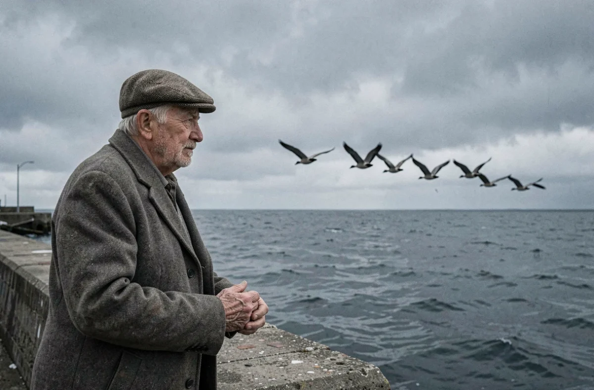 Homme âgé au bord d'un port regardant une formation d'oies migratrice sur la mer, évoquant l'exil et la nostalgie
