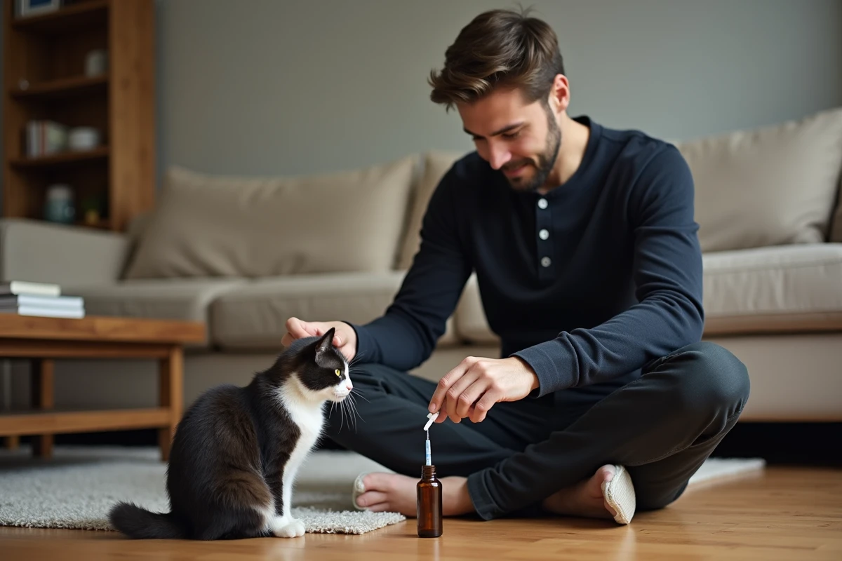 Homme préparant une seringue orale de médicament liquide pour son chat à domicile