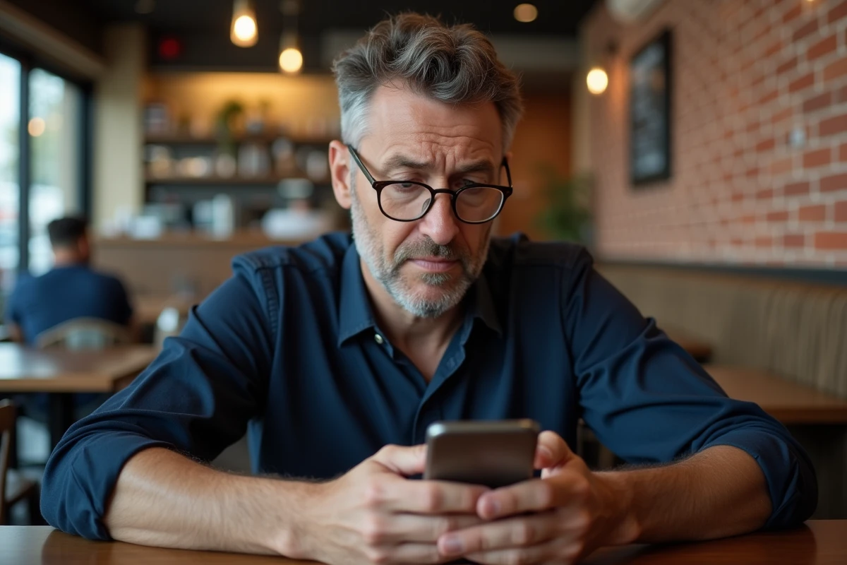 Homme sceptique consultant des avis sur Aplouf.com depuis un café urbain