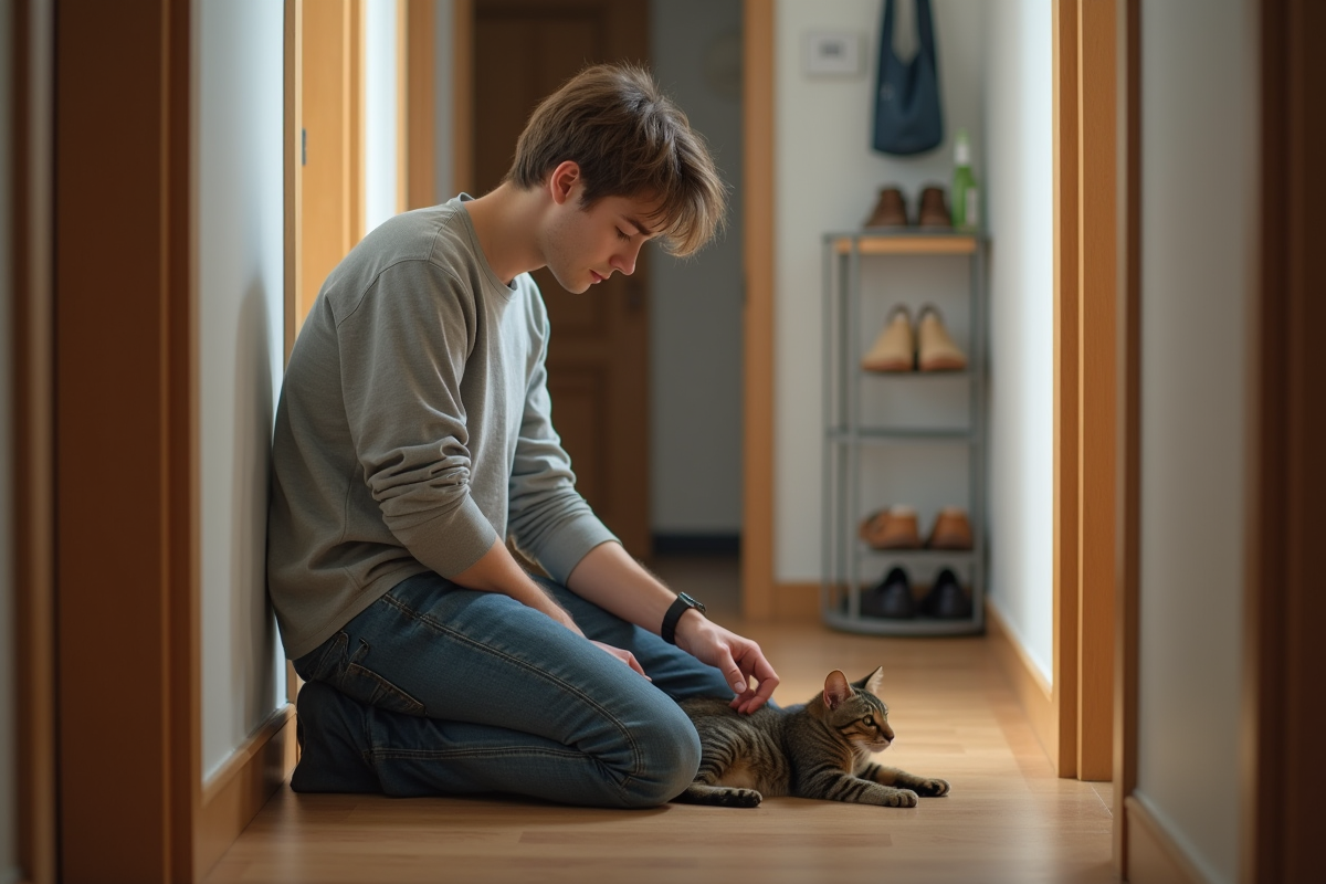 Jeune homme avec chat malade dans un couloir d