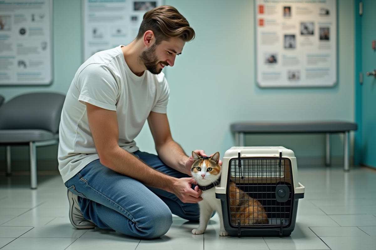 Jeune homme ajustant un collier de sécurité à un chat en cage