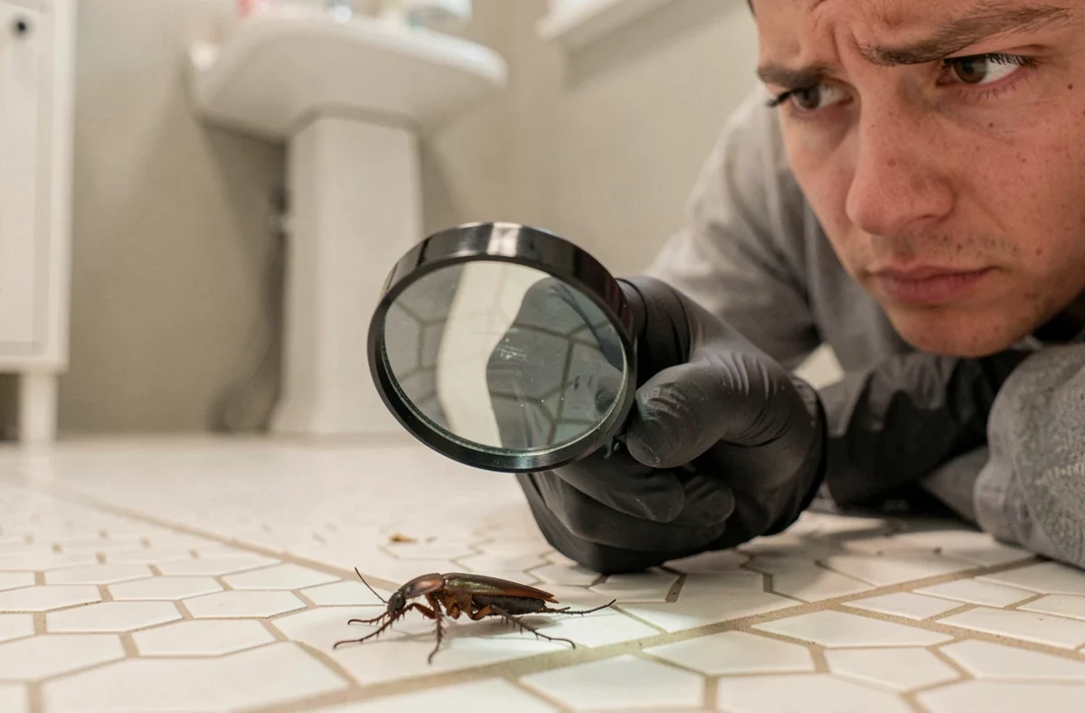 Personne examinant à la loupe un insecte sombre sur le sol de la salle de bain pour déterminer s'il s'agit d'un cafard
