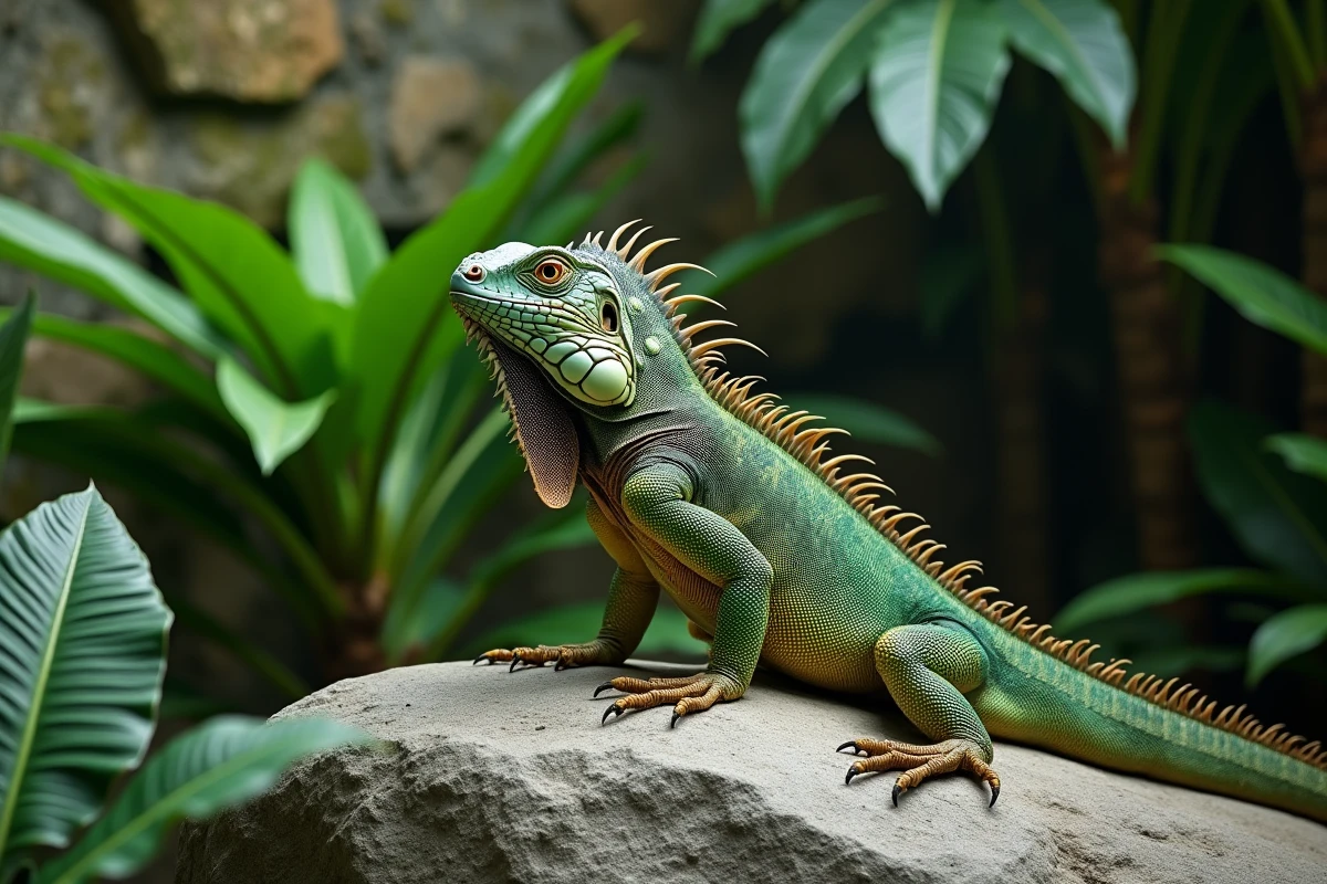 Iguane vert posé sur un rocher dans un jardin tropical, animal en I pour le jeu du petit bac