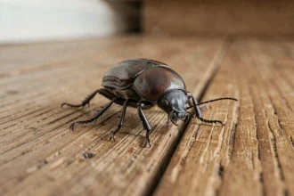 Gros plan macro d'un carabe sombre sur un plancher en bois, insecte souvent confondu avec un cafard