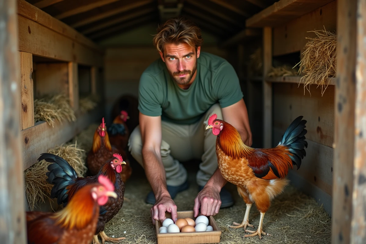 Jeune fermier inspectant un nid à œufs dans la poulailler