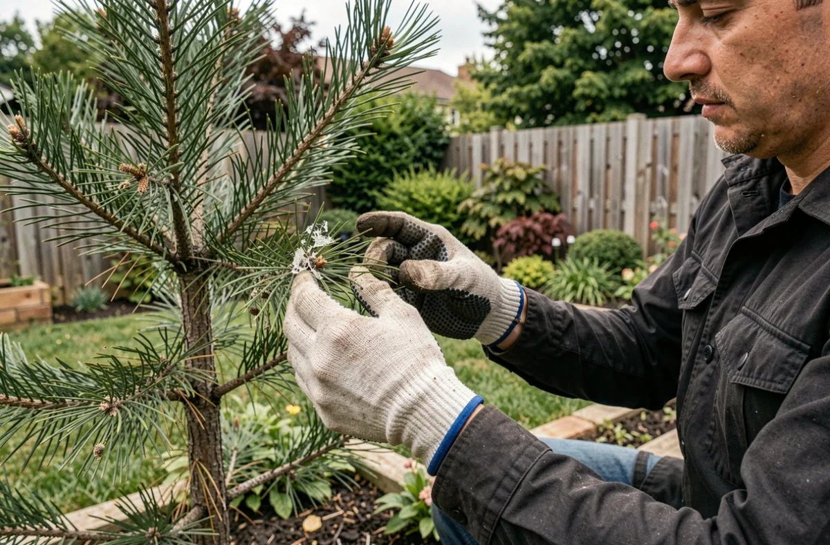 Jardinier avec gants inspectant un pin endommagé par des chenilles urticantes dans un jardin résidentiel
