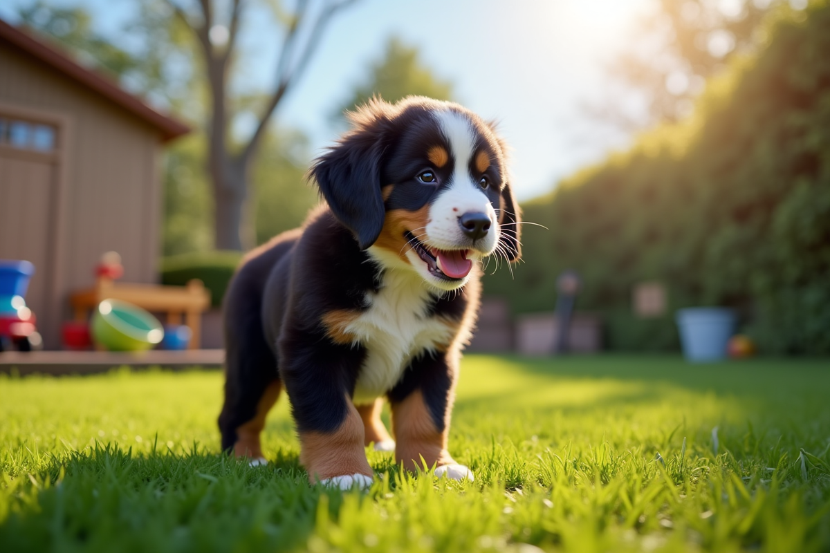 Jeune chiot bouledogue félicité dans le jardin en plein air