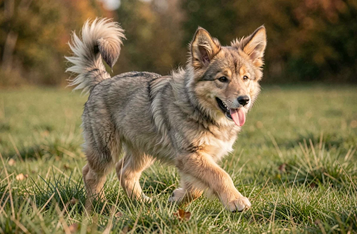 Jeune Eurasier de 5 mois au trot dans une prairie verte, pelage épais gris-roux et expression joueur