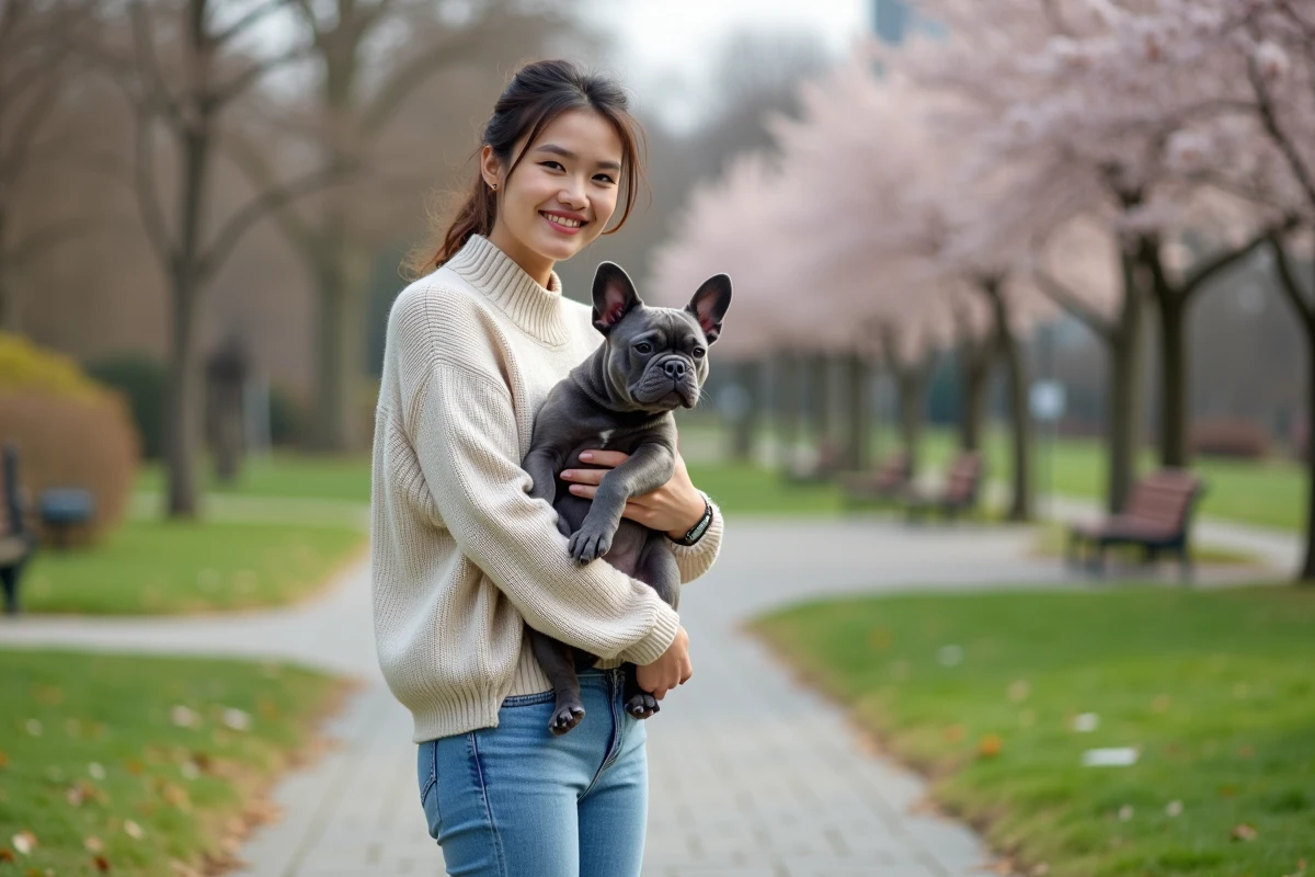 Jeune femme avec un bulldog français bleu en extérieur