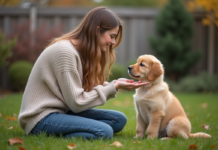 Éducation chien : pourquoi attendre 3 mois pour un chiot ? Jeune femme avec un chiot golden retriever dans le jardin