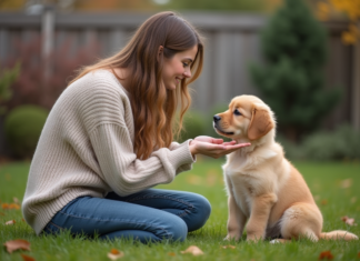 Éducation chien : pourquoi attendre 3 mois pour un chiot ? Jeune femme avec un chiot golden retriever dans le jardin