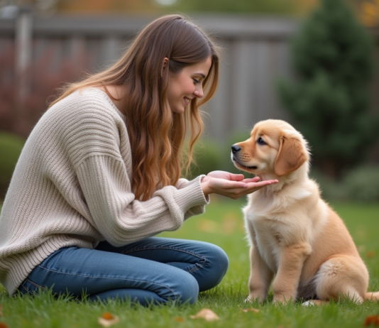 Éducation chien : pourquoi attendre 3 mois pour un chiot ? Jeune femme avec un chiot golden retriever dans le jardin