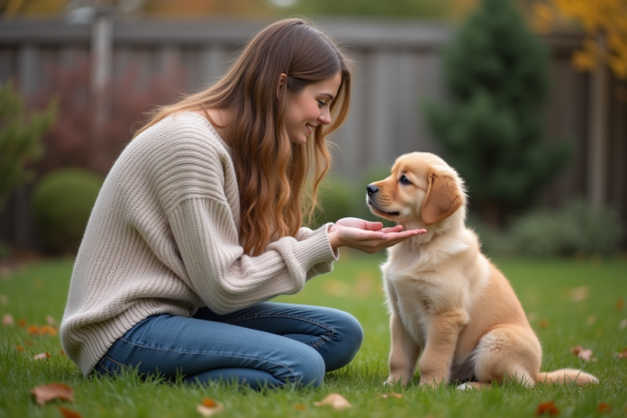 jeune-femme-chien-poupon-automne Jeune femme avec un chiot golden retriever dans le jardin