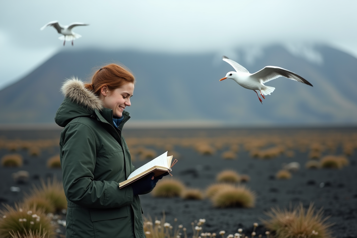 Jeune femme en parka dans un champ de lave en Islande