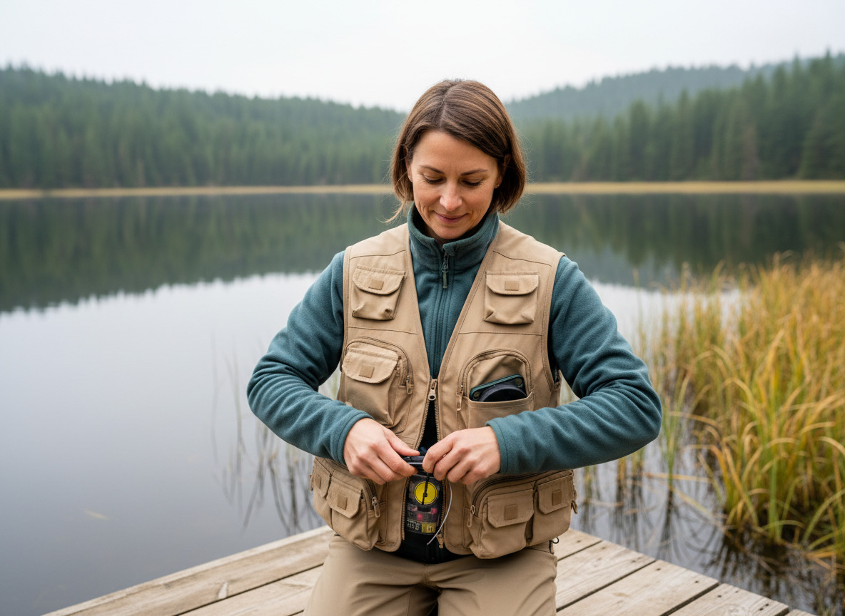 Jeune femme vérifiant son équipement de pêche au lac