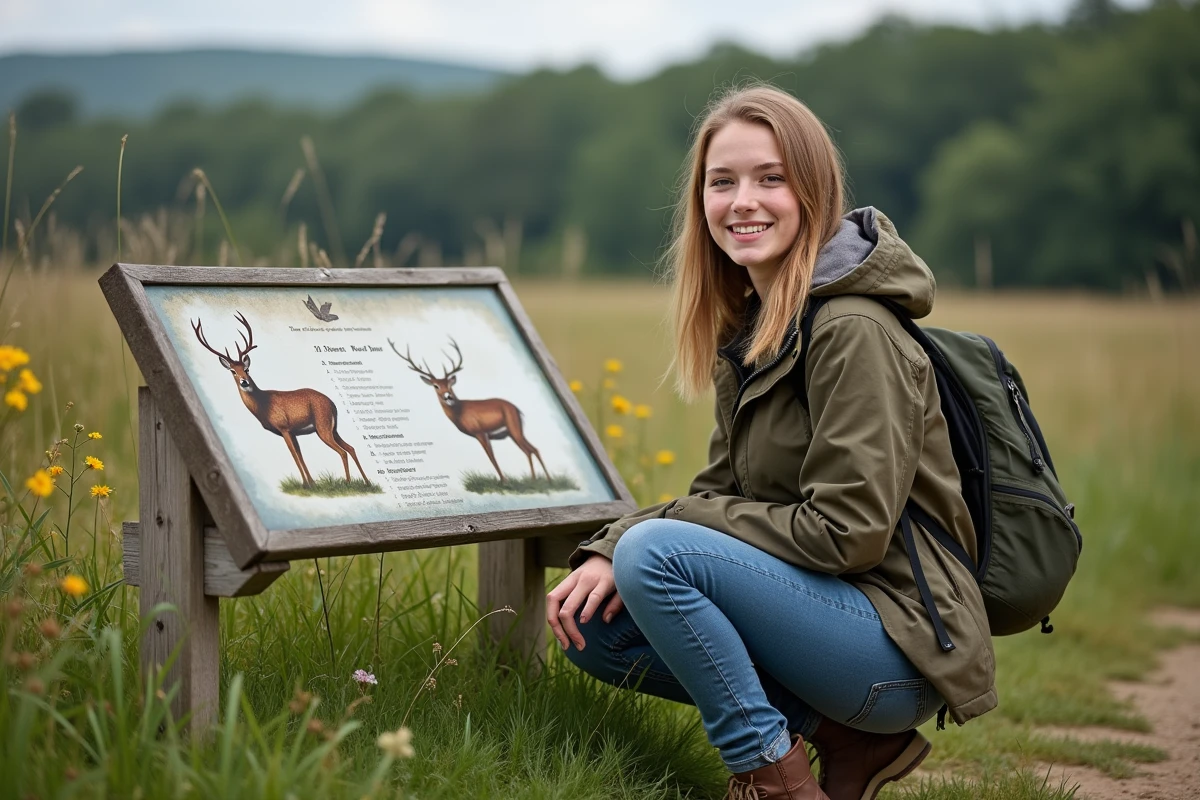 Jeune femme regardant une affiche sur la faune dans un parc naturel