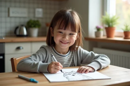 Jeune fille de 8 ans dessinant un loup kawaii dans sa cuisine