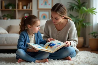Jeune fille lisant un livre avec une adulte dans un salon chaleureux