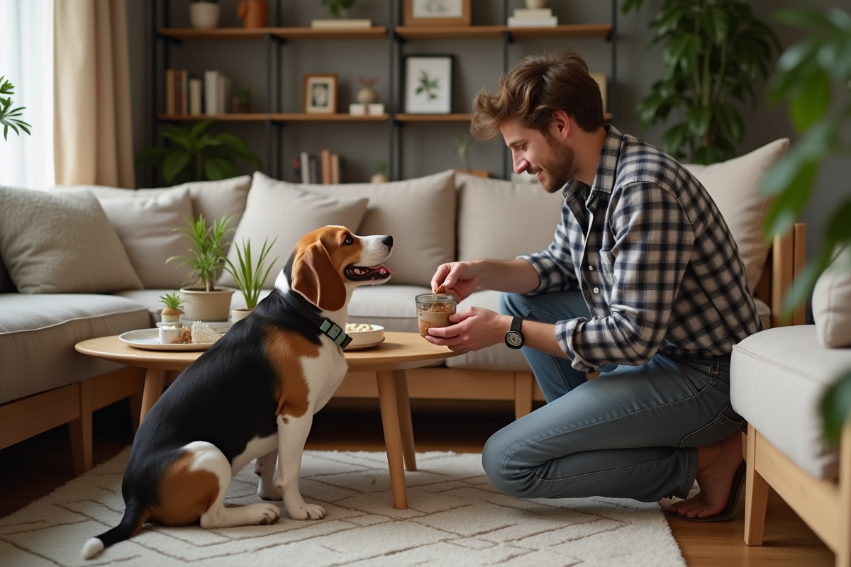 Jeune homme avec son beagle dans un salon cosy