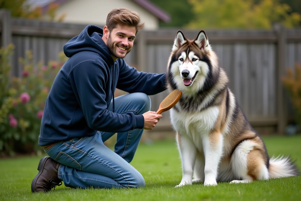 Jeune homme brossant un malamute dans un jardin extérieur