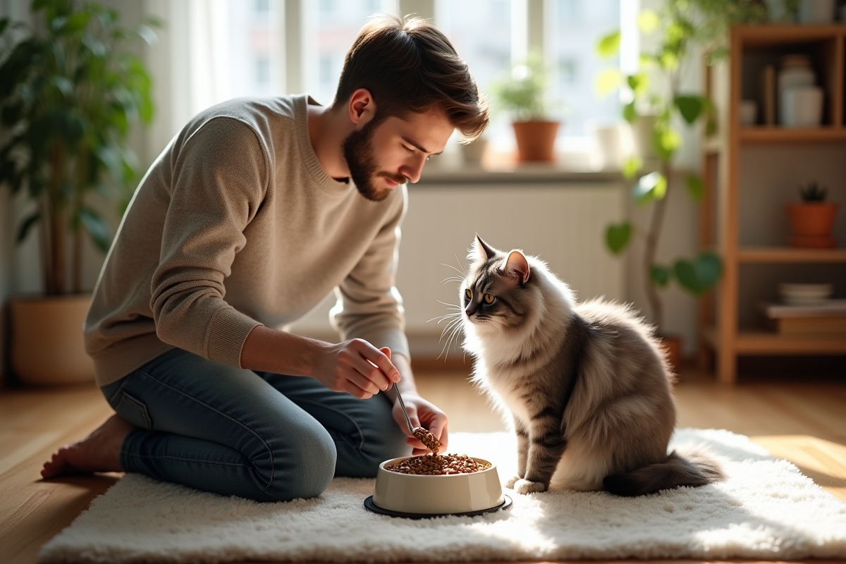 Jeune homme donne à manger à son chat british dans le salon