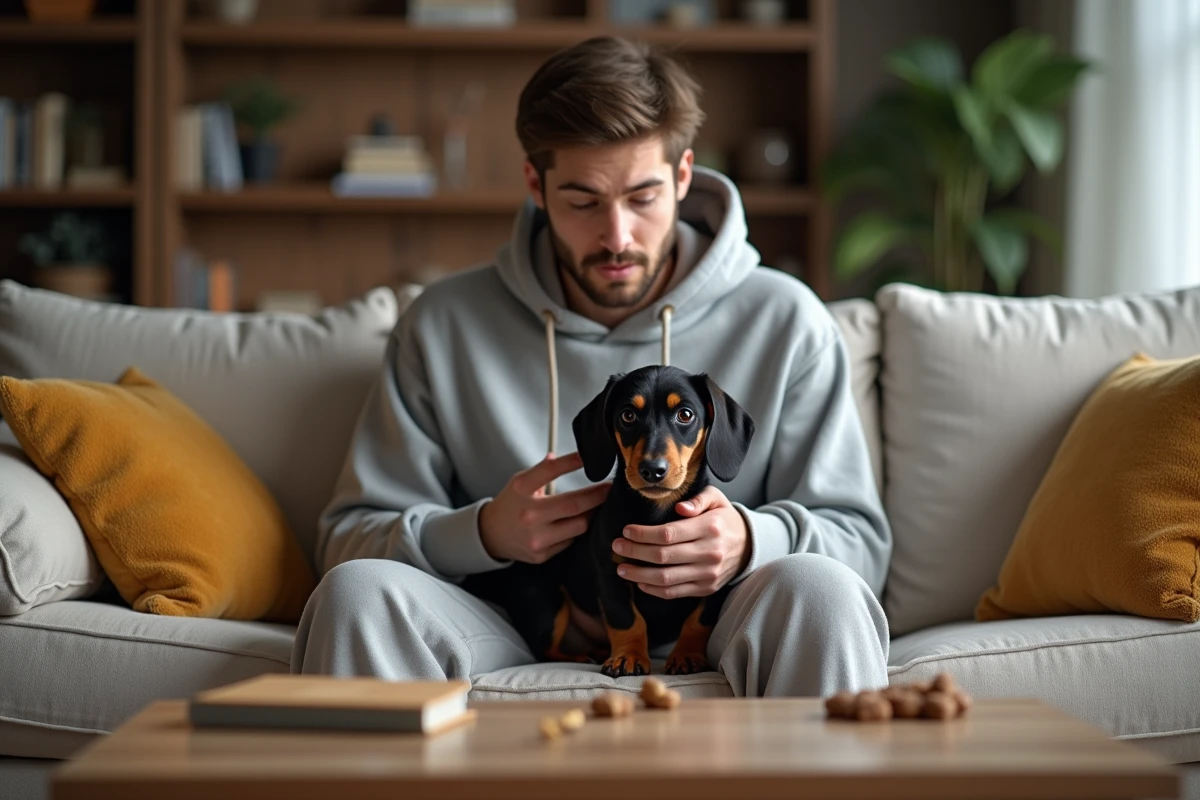 Jeune homme avec chiot dachshund dans un salon cosy