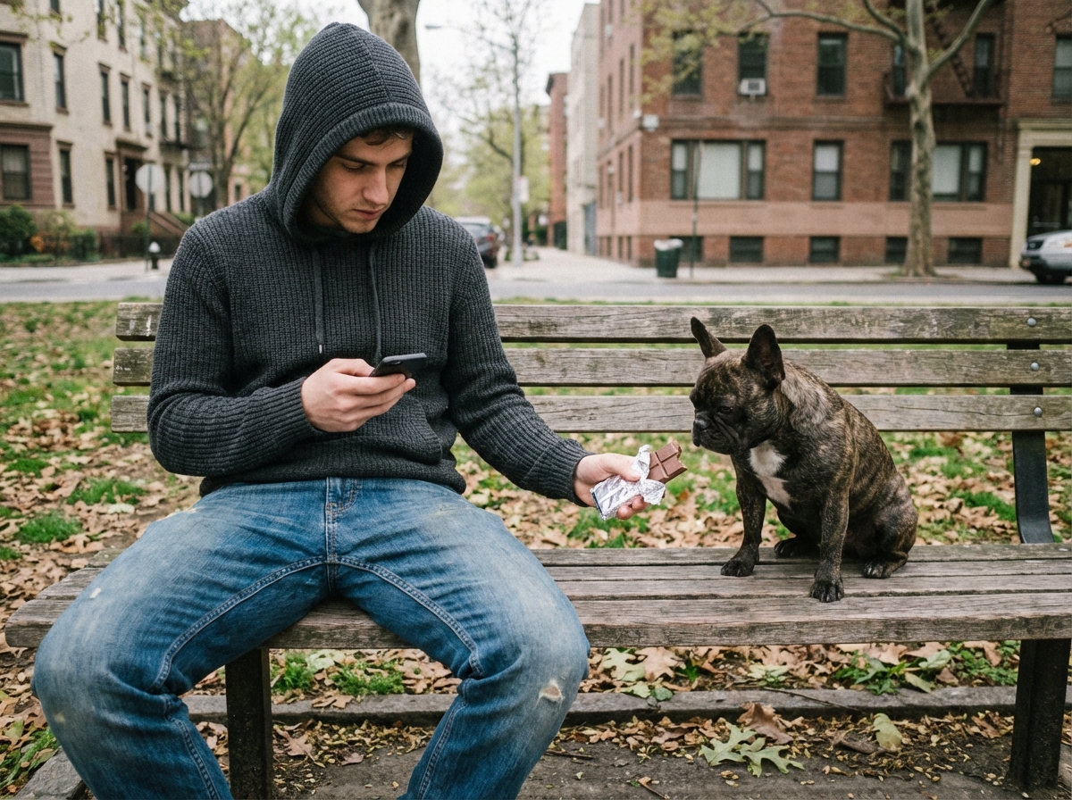 Jeune homme dans un parc offrant du chocolat à son chien