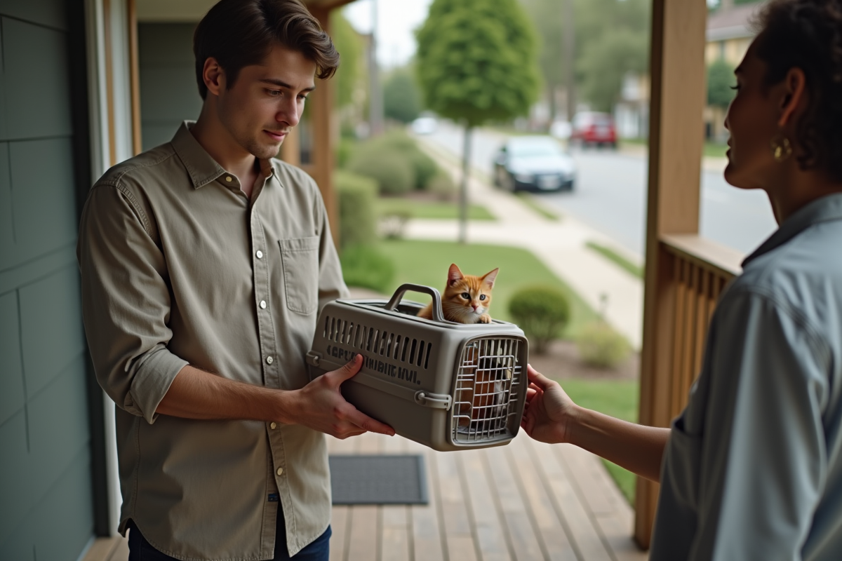 Jeune homme donnant un chaton dans une scène de porche résidentiel