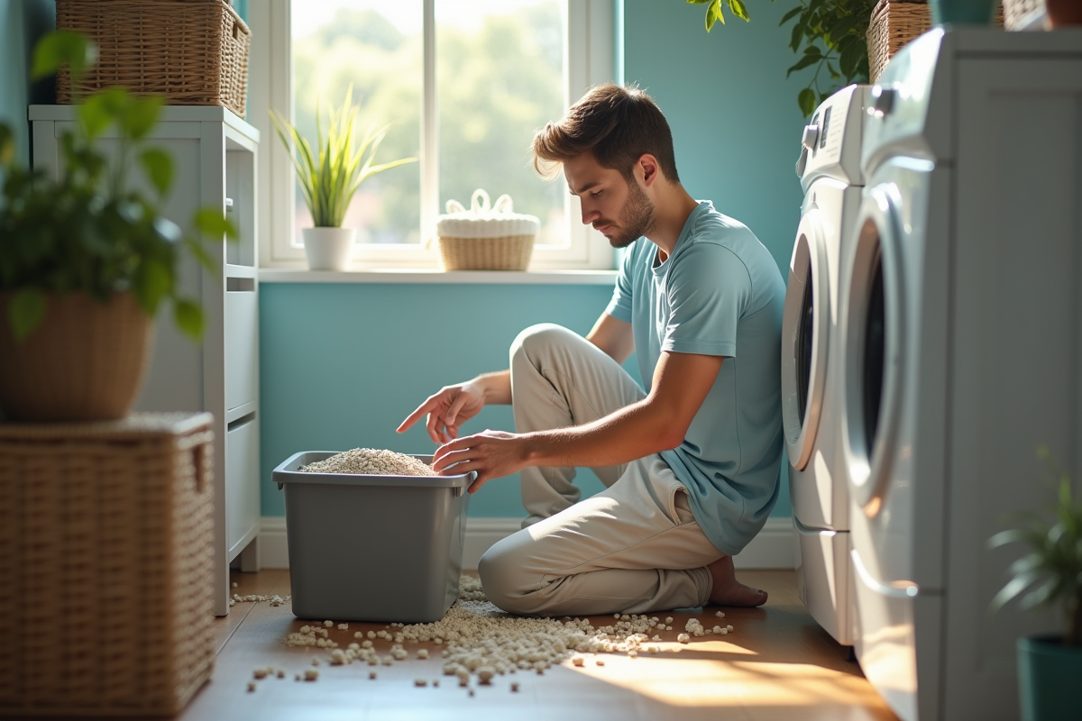 Jeune homme en t-shirt bleu triant de la litière pour chat
