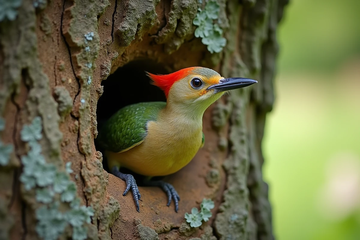Jeune pic vert juvénile au bord de son trou de nid dans un vieux pommier de verger rural avec plumage tacheté caractéristique