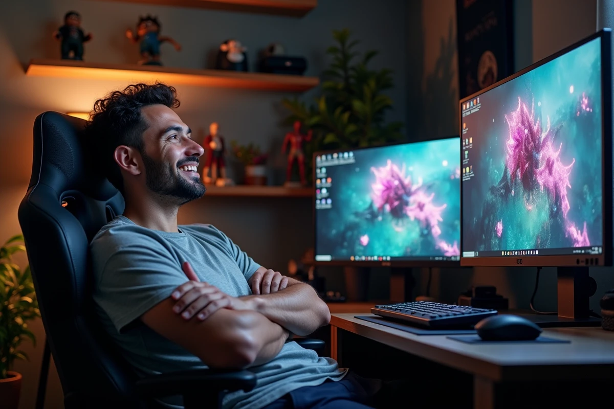 Joueur satisfait devant son setup double écran avec le guide de la Pioute rose Dofus 3 affiché à l'écran