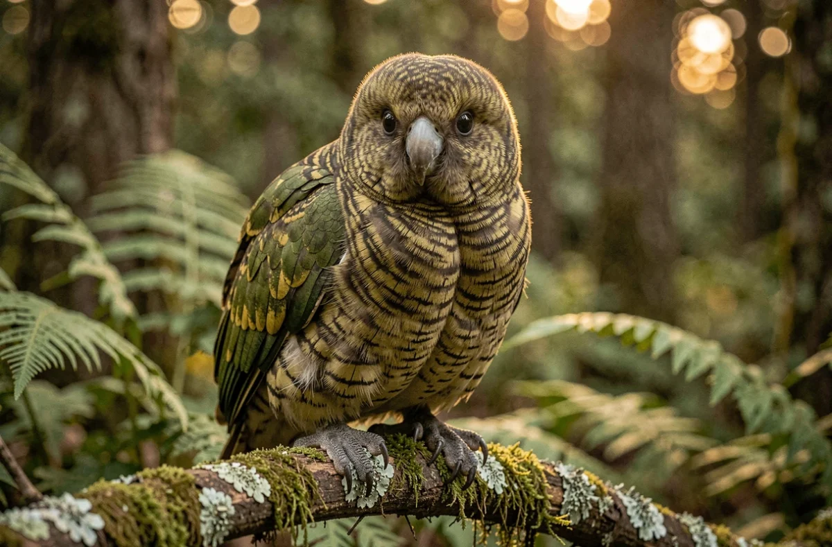Kakapo perroquet rare de Nouvelle-Zélande perché sur une branche mousseuse en forêt native, espèce en danger critique d'extinction