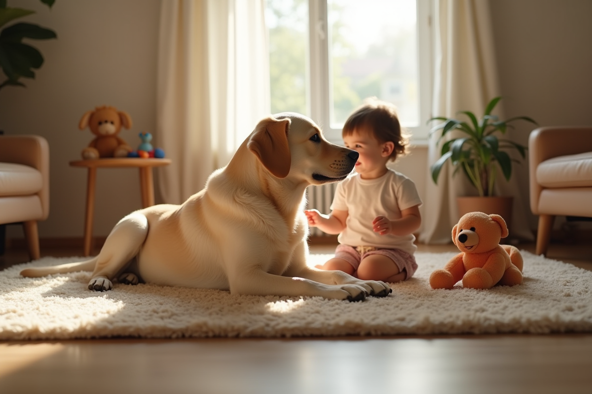 Labrador allongé sur un tapis avec jouets et enfant