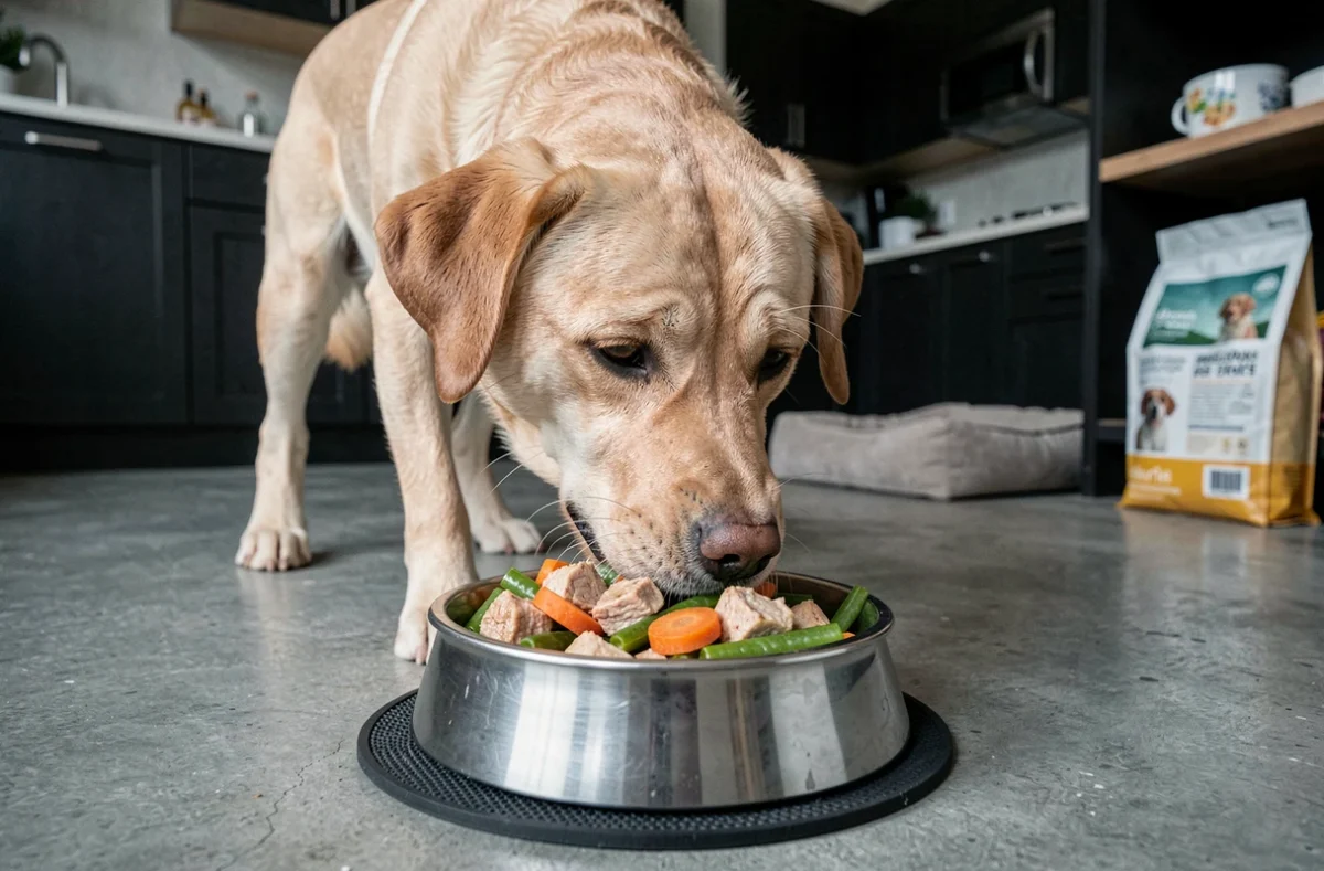 Vieux Labrador mangeant un repas frais composé de poulet et légumes dans sa gamelle en inox sur le sol d'une cuisine moderne, alimentation naturelle alternative aux croquettes