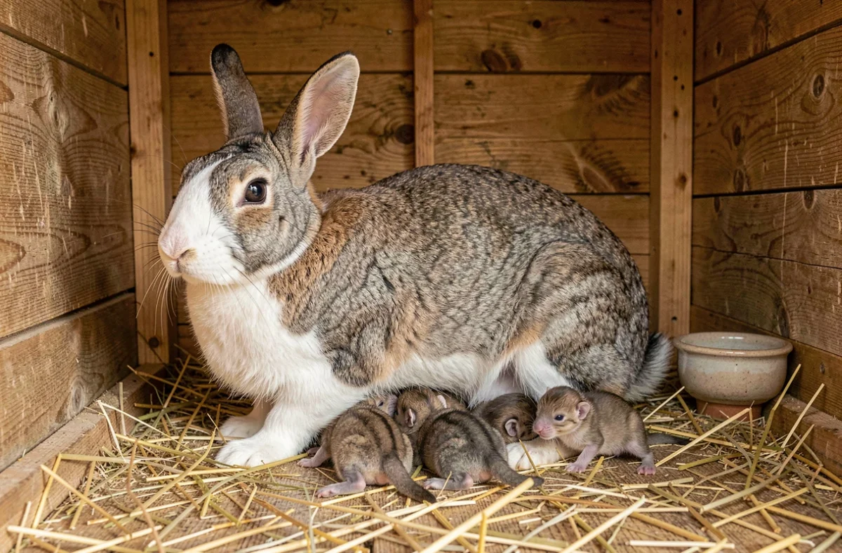 Lapine mère allaitant ses lapereaux nouveau-nés dans un clapier en bois, scène naturelle d'observation vétérinaire