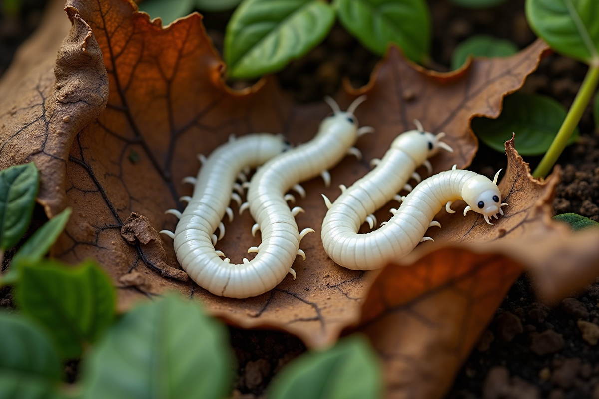 Plusieurs larves blanches sur feuilles en décomposition dans le jardin