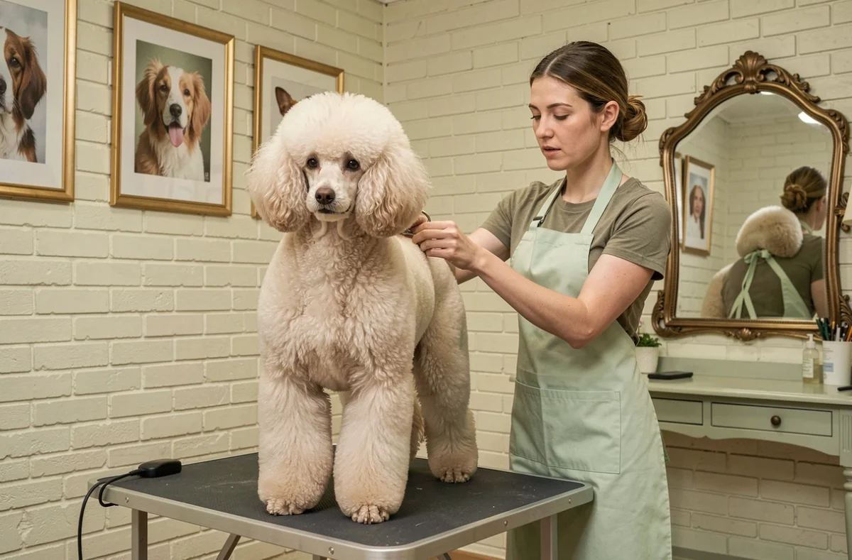 Toiletteuse réalisant une coupe continentale sur un caniche standard dans le salon Le Paradis du Toutou à Bourges, Cher