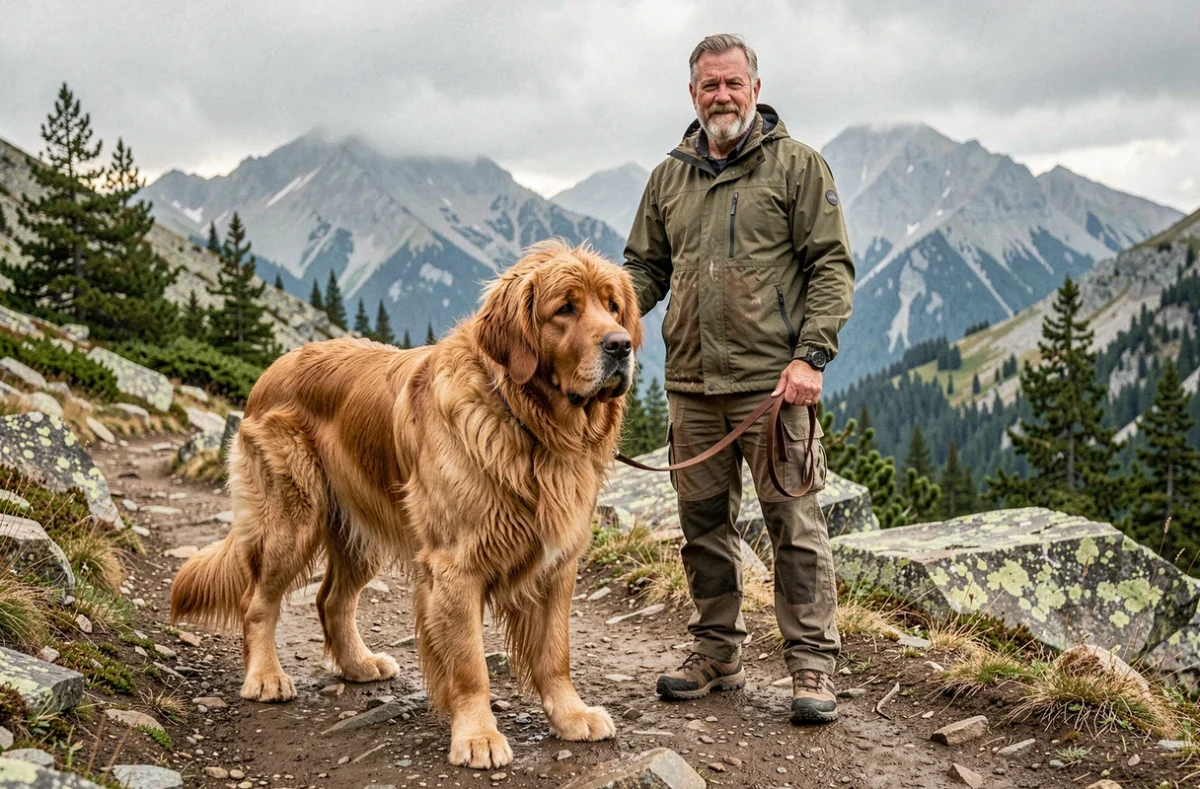 Un leonberg majestueux en randonnée en montagne avec son propriétaire, illustrant la puissance et la taille des plus grandes races de chiens du monde