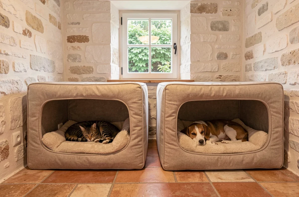 Un chat et un chien partageant des box confortables dans la pension Les P'tits Lihou en Essonne