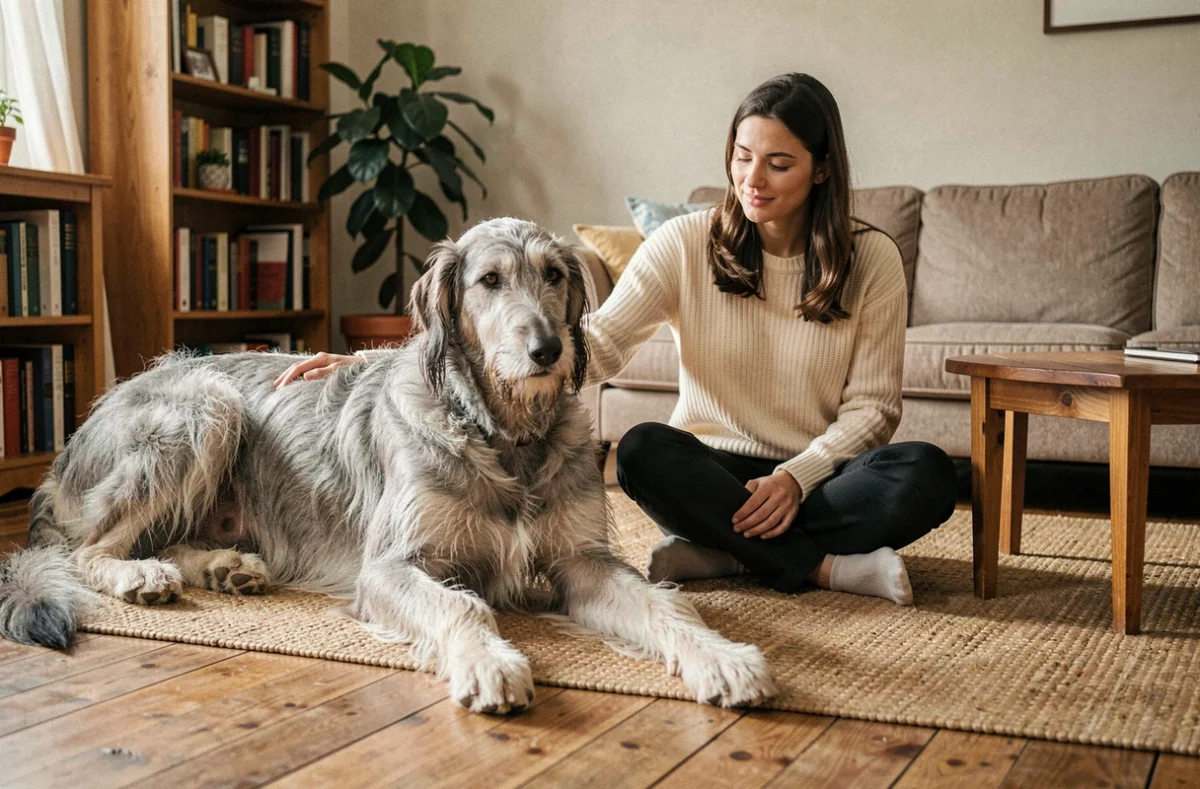Un lévrier irlandais de taille imposante allongé dans un salon avec sa maîtresse, montrant la relation entre les grandes races de chiens et leurs propriétaires