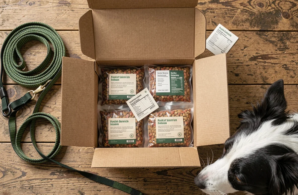 Boîte de livraison de repas frais pour chien ouverte sur une table en bois avec portions scellées et Border Collie curieux, service type Dogfy Diet ou Dog Chef