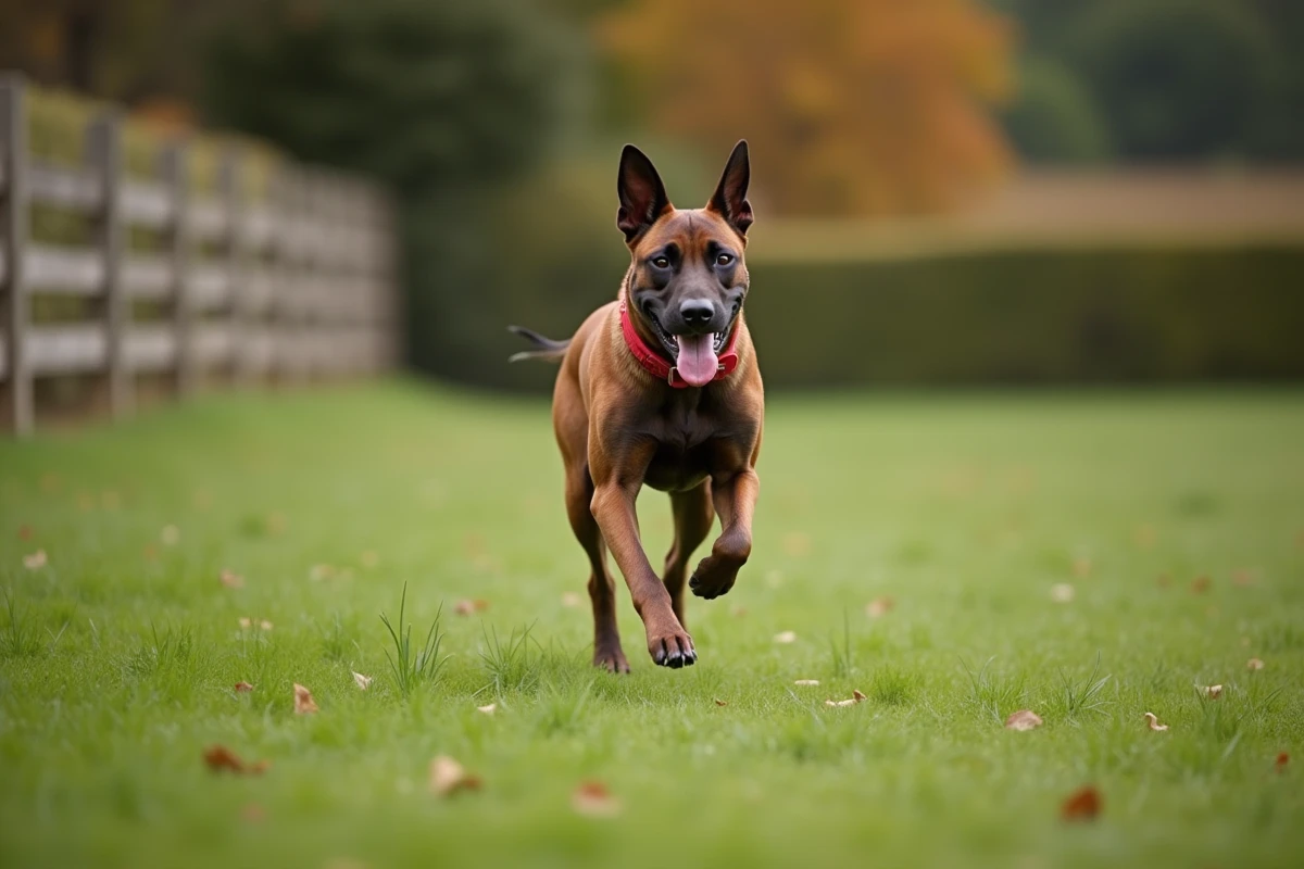 Chien malinois croisé staff en pleine course dans un pré en automne, montrant l'énergie et l'agilité caractéristiques de ce croisement de races