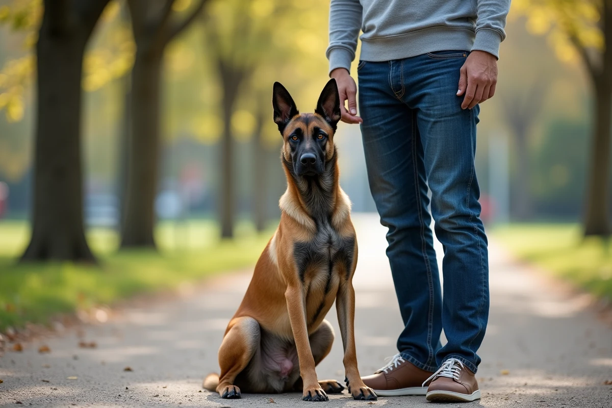 Malinois croisé Staffordshire Bull Terrier assis aux côtés de son maître dans un parc urbain, illustrant le lien entre ce chien hybride et son propriétaire expérimenté